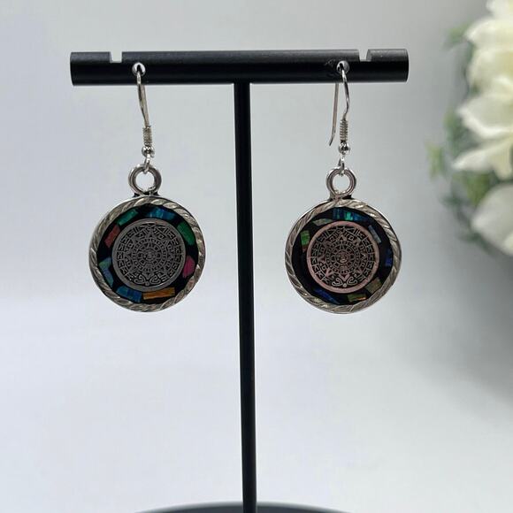 Sterling silver stamped 925 Inlaid Multicolor Dangle Earrings - Picture 2 of 8